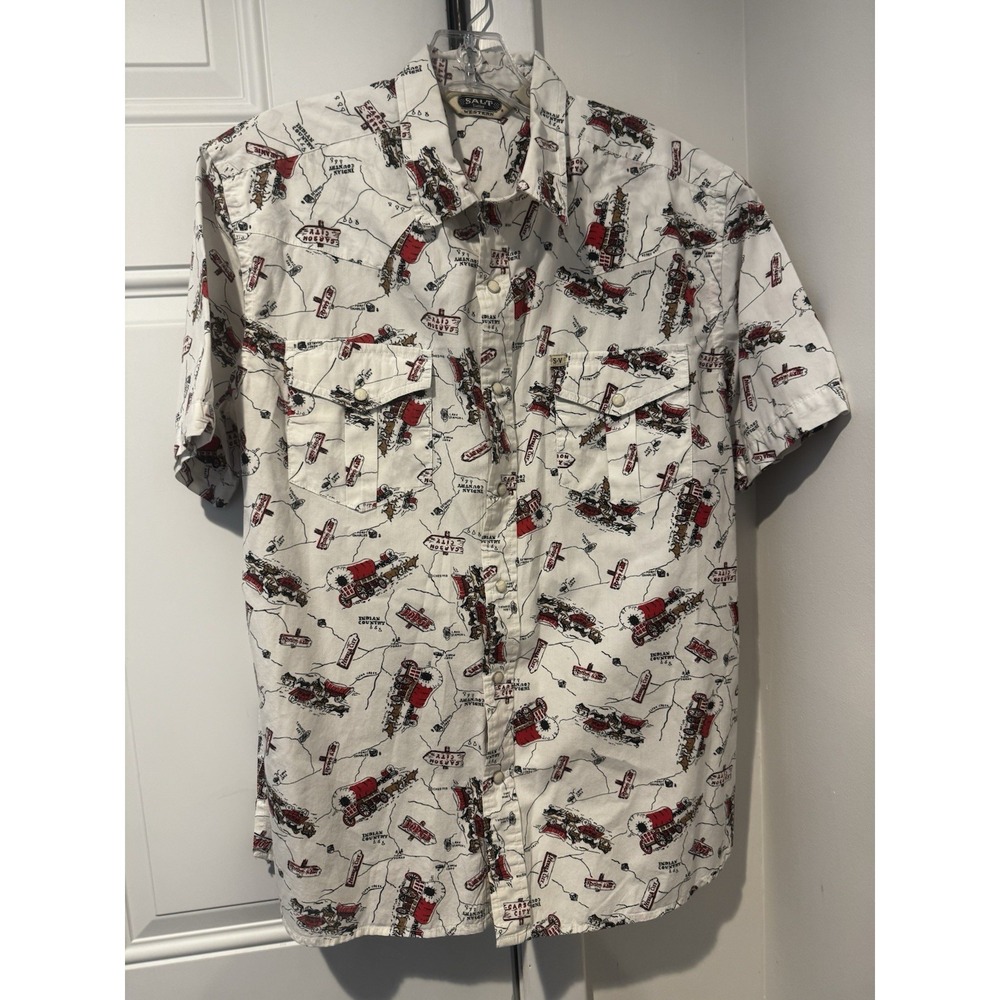 Salt Valley Western Wagon Trail Map Pearl Snap White Shirt Men's M SS AOP